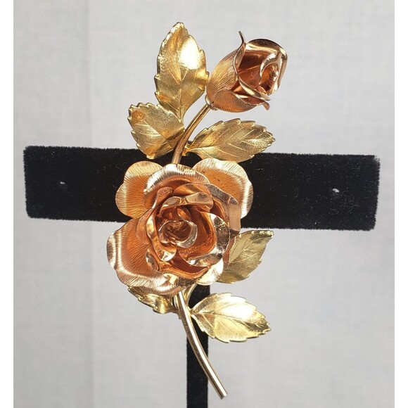 Vtg 1940's Krementz Signed Two Tone Gold Filled Rose Roses Brooch Pin 2.25" long - Picture 2 of 15